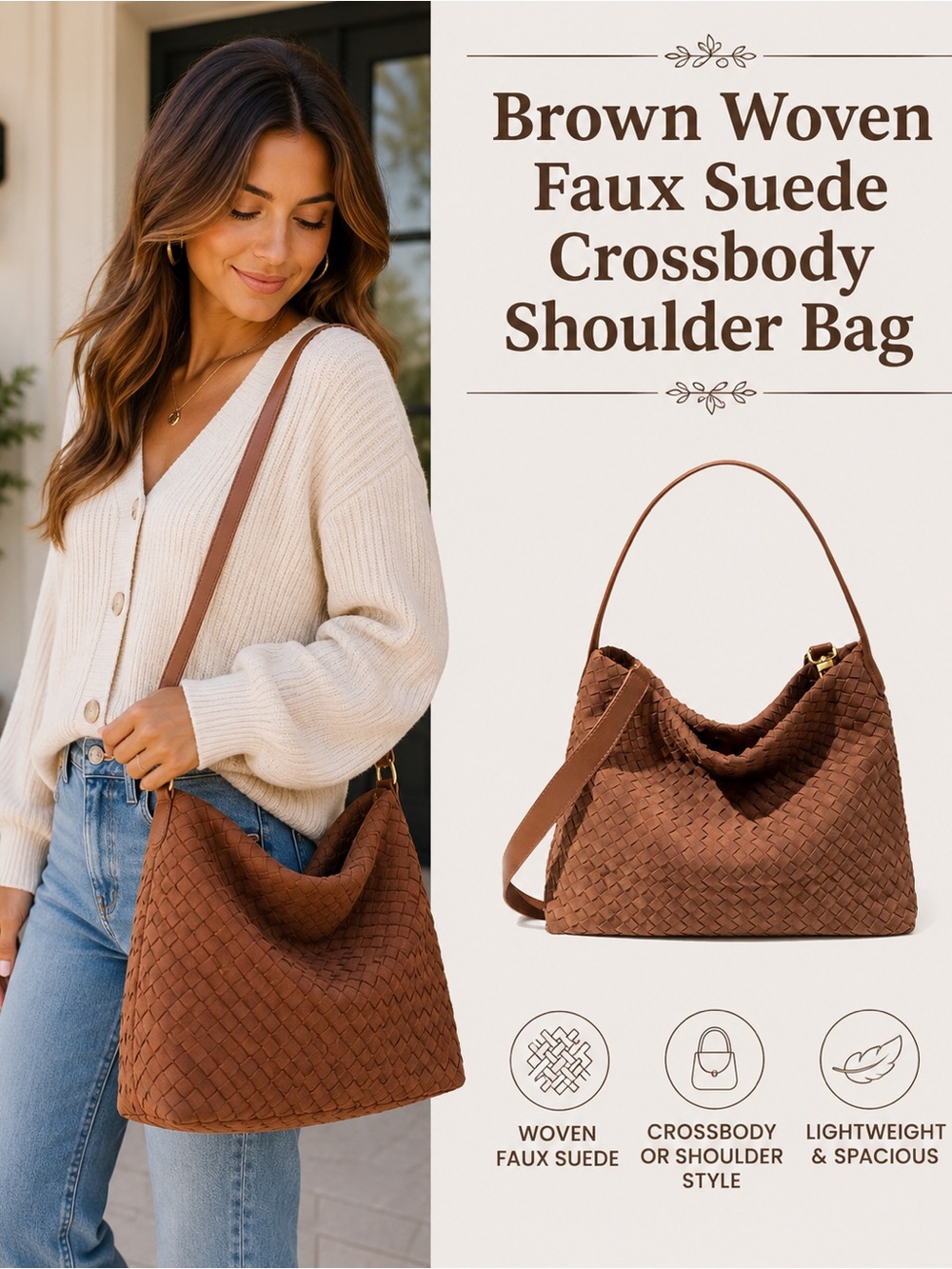 NWOT! Brown Woven Faux Suede Crossbody Shoulder Bag